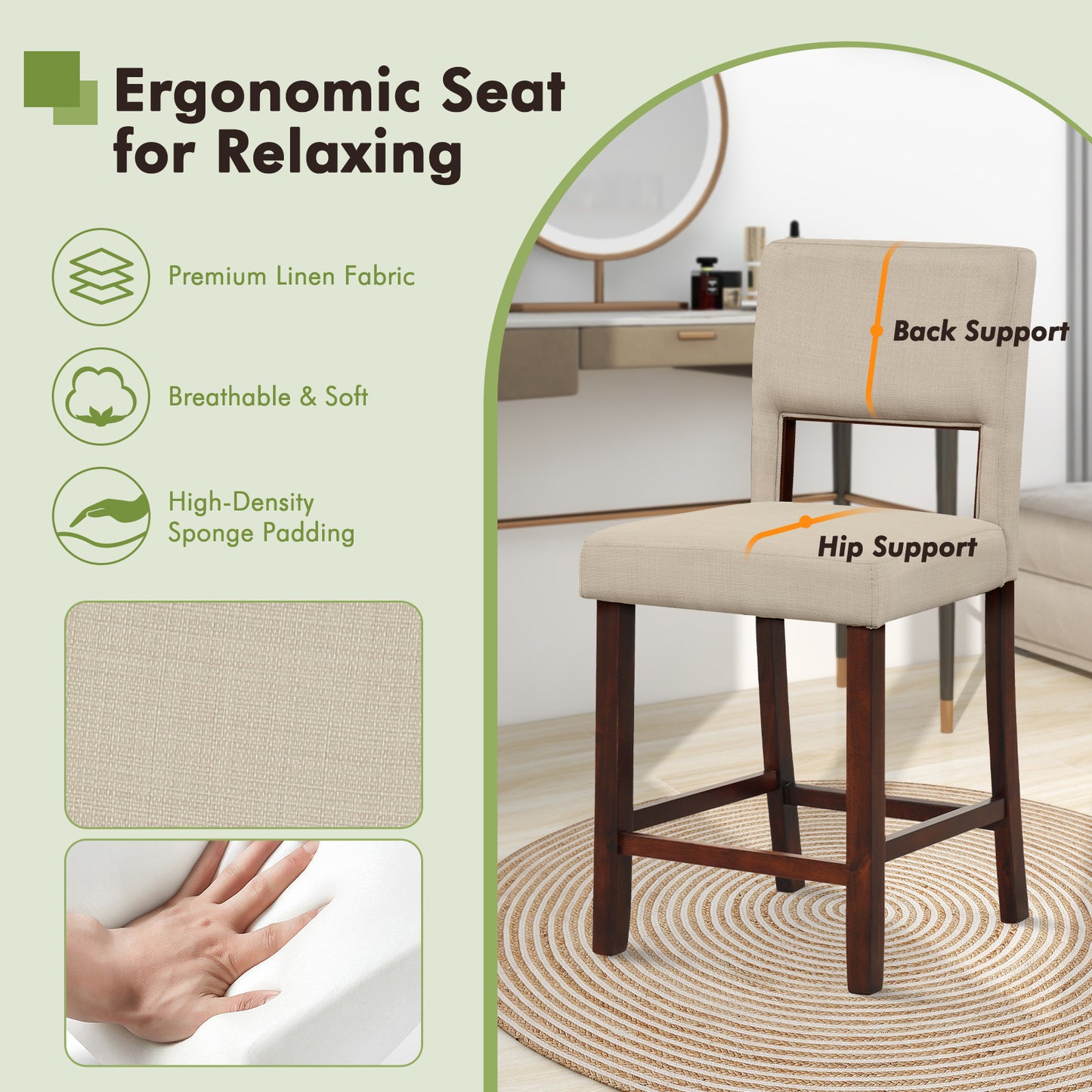Bar Stools Set of 2 with Hollowed Back and Rubber Wood Legs