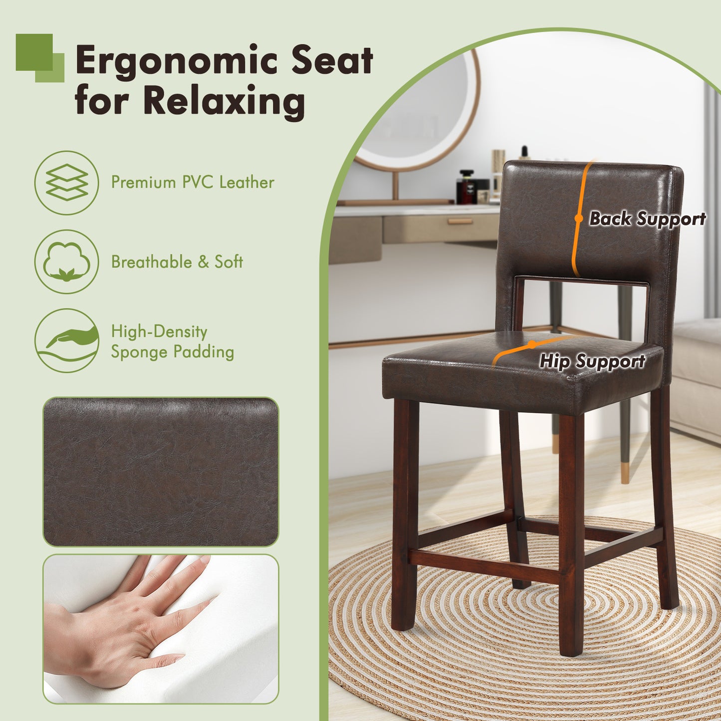 Bar Stools Set of 2 with Hollowed Back and Rubber Wood Legs