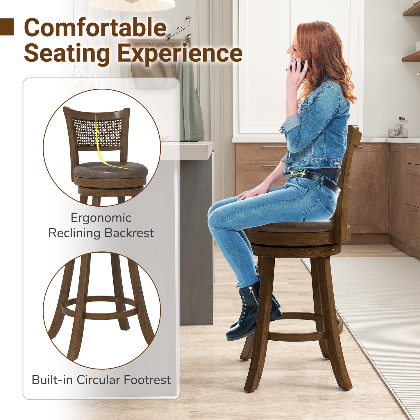 Swivel Bar Stools Set of 2, 25" Counter Height with Backrest