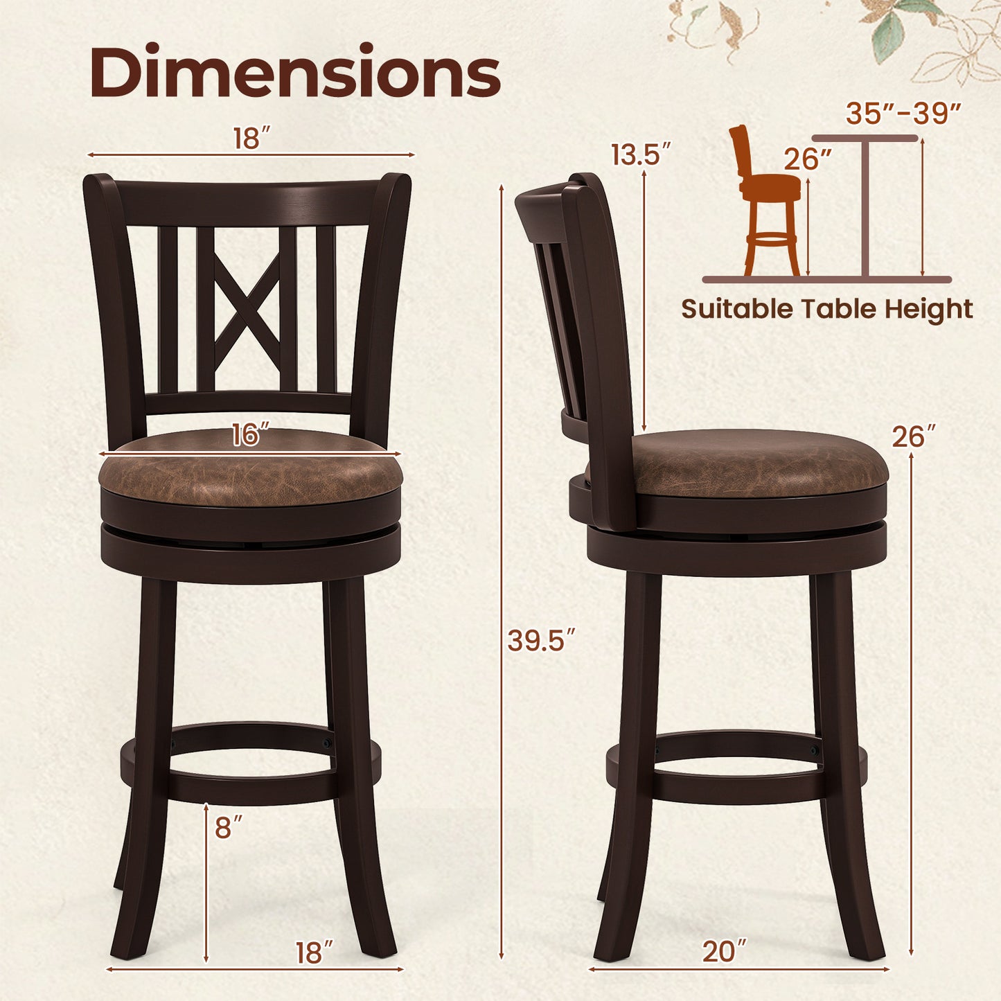 Swivel Bar Stools Set of 2 with Footrest - 26 & 30 Inch