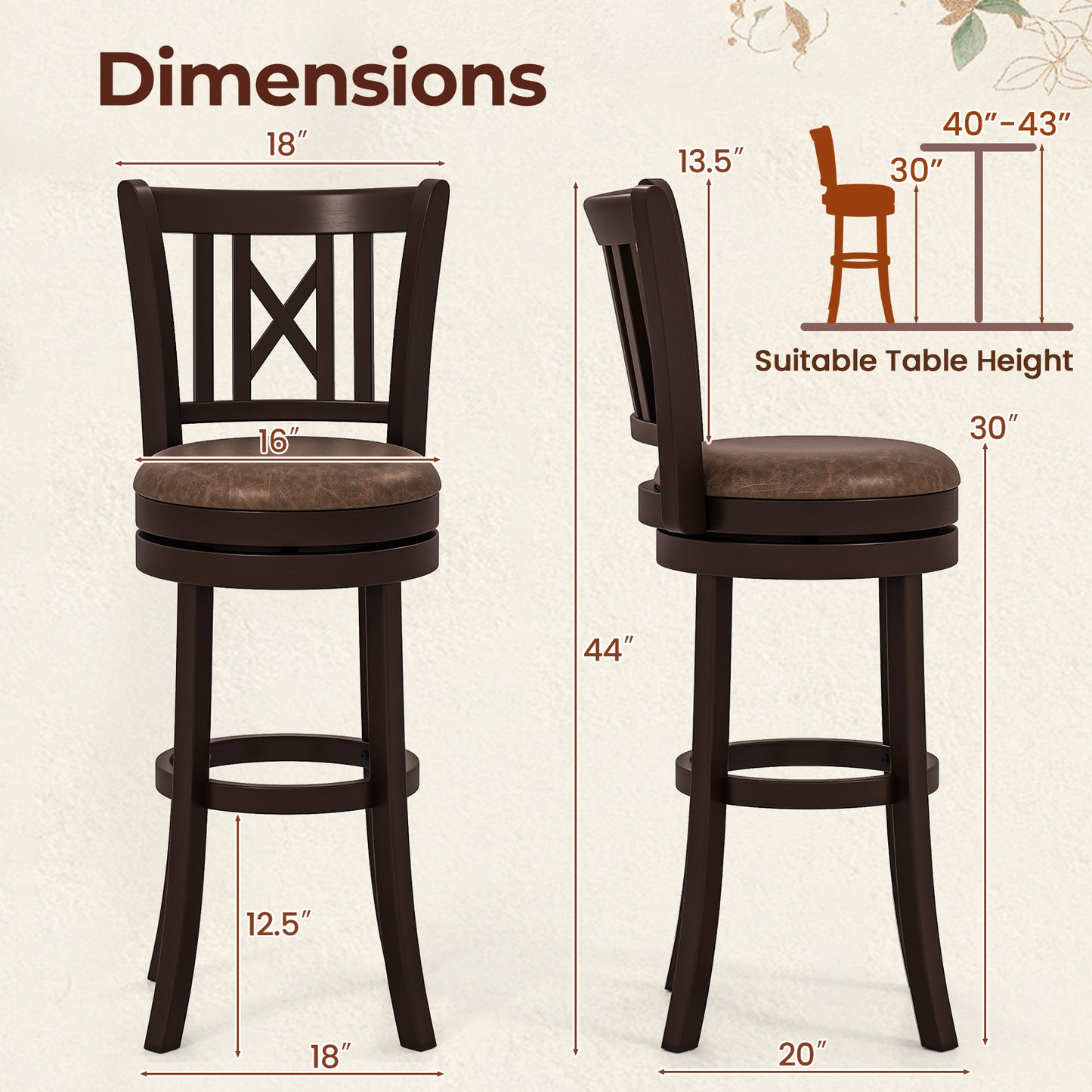 Swivel Bar Stools Set of 2 with Footrest - 26 & 30 Inch