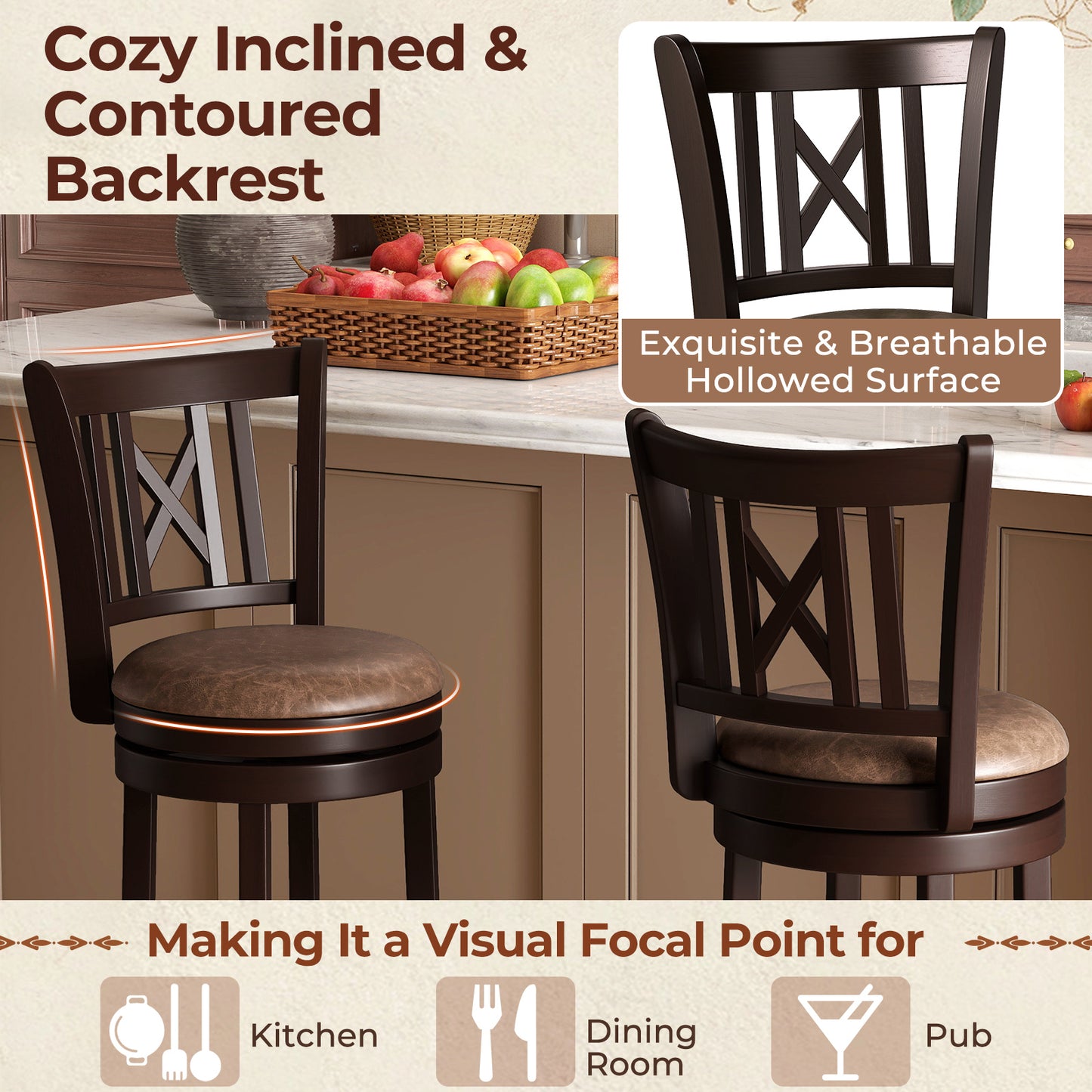 Swivel Bar Stools Set of 2 with Footrest - 26 & 30 Inch