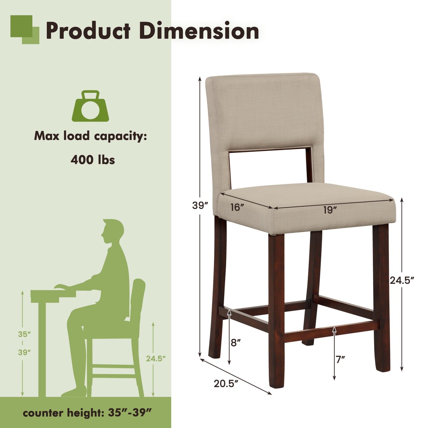 Bar Stools Set of 2 with Hollowed Back and Rubber Wood Legs