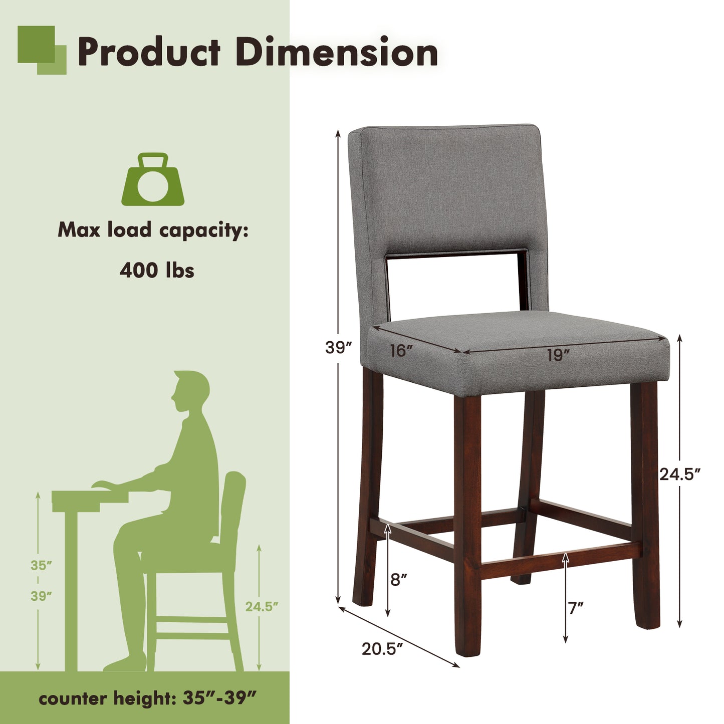Bar Stools Set of 2 with Hollowed Back and Rubber Wood Legs