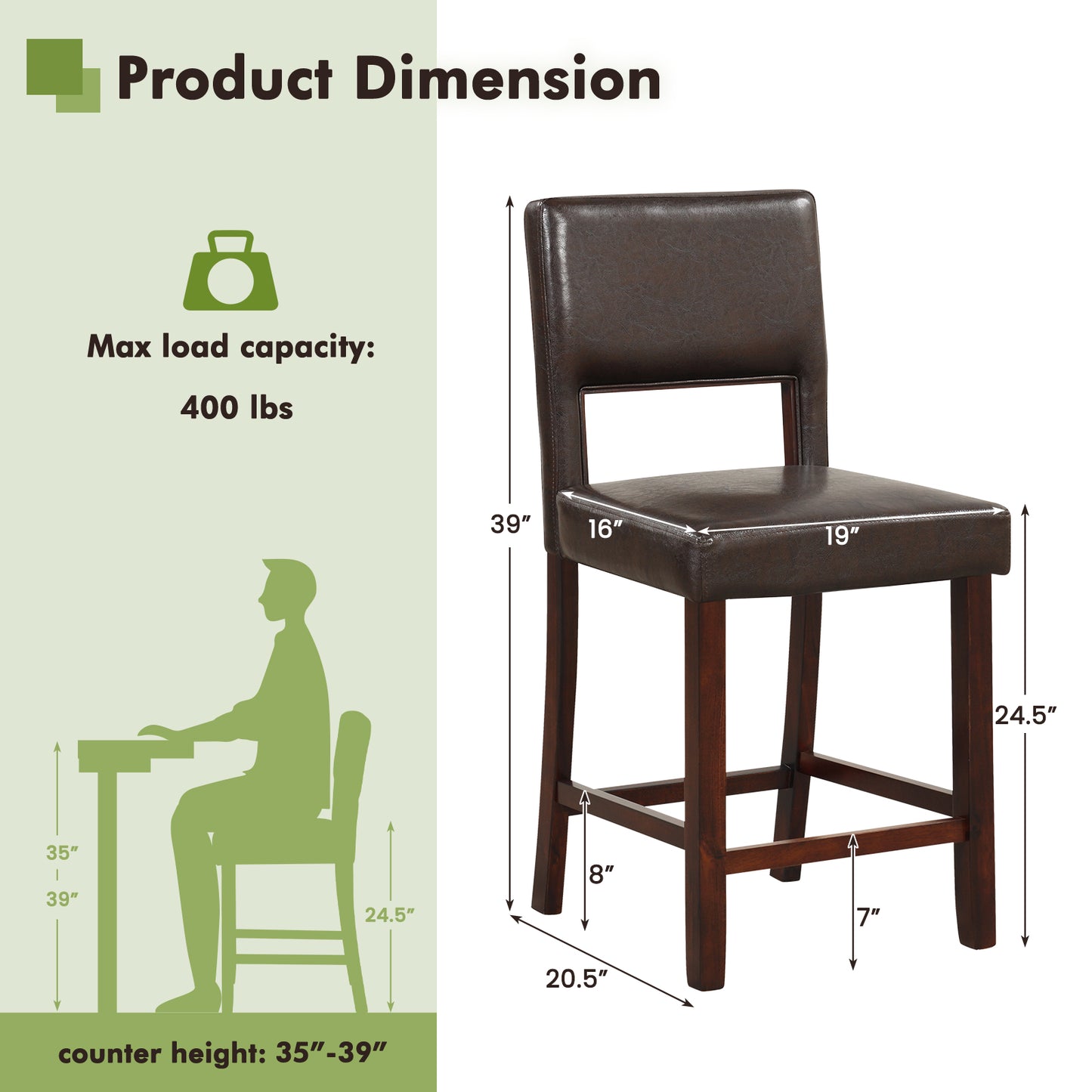 Bar Stools Set of 2 with Hollowed Back and Rubber Wood Legs