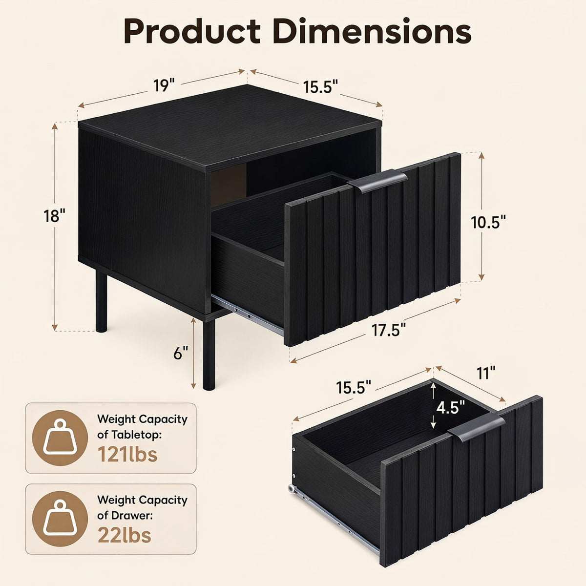 Modern Nightstand Set of 2 with Vertical Striped Drawer