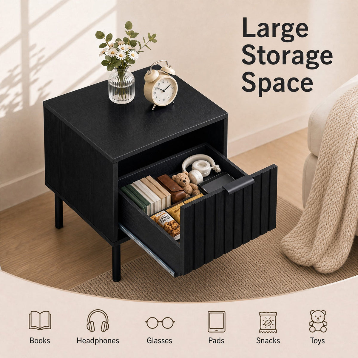 Modern Nightstand Set of 2 with Vertical Striped Drawer