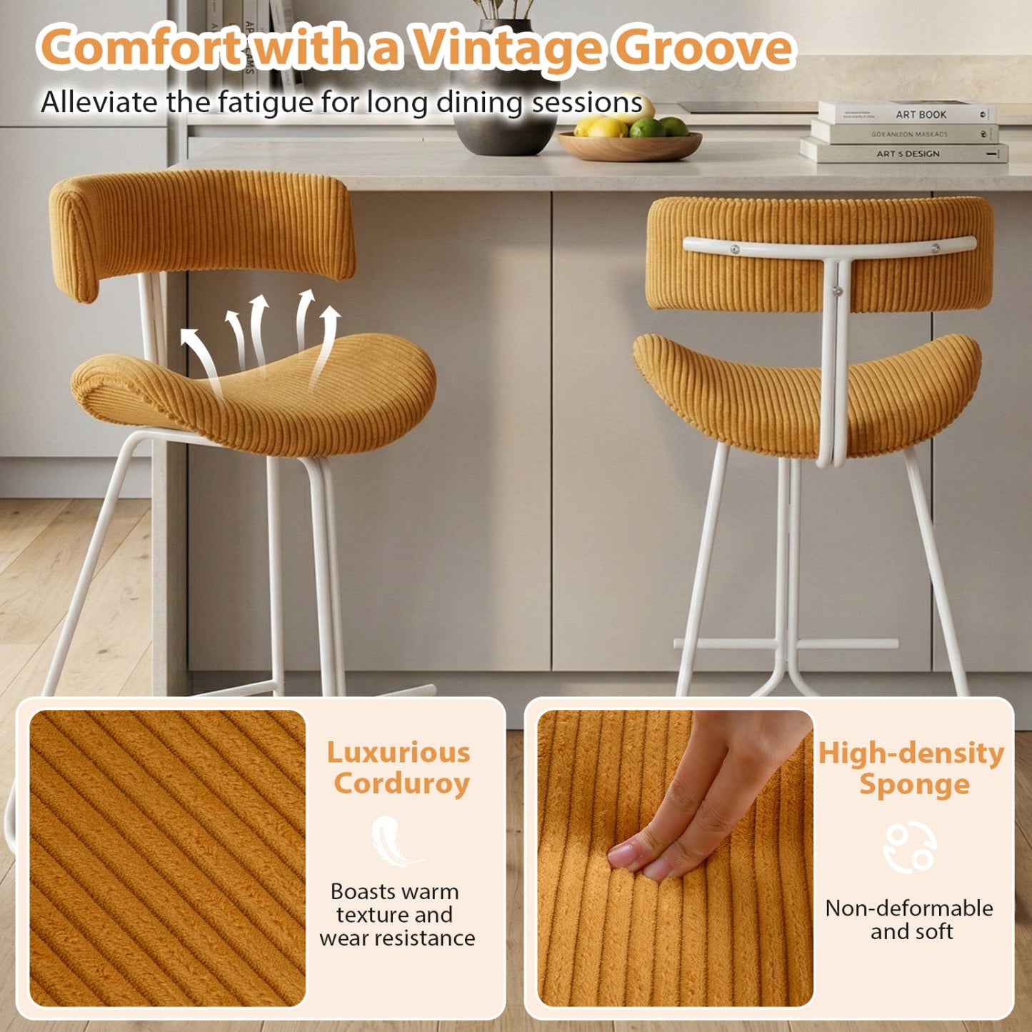 Set of 2 Counter Height Stools 25 Inch Armless Barstools with Padded Seat and Footrest