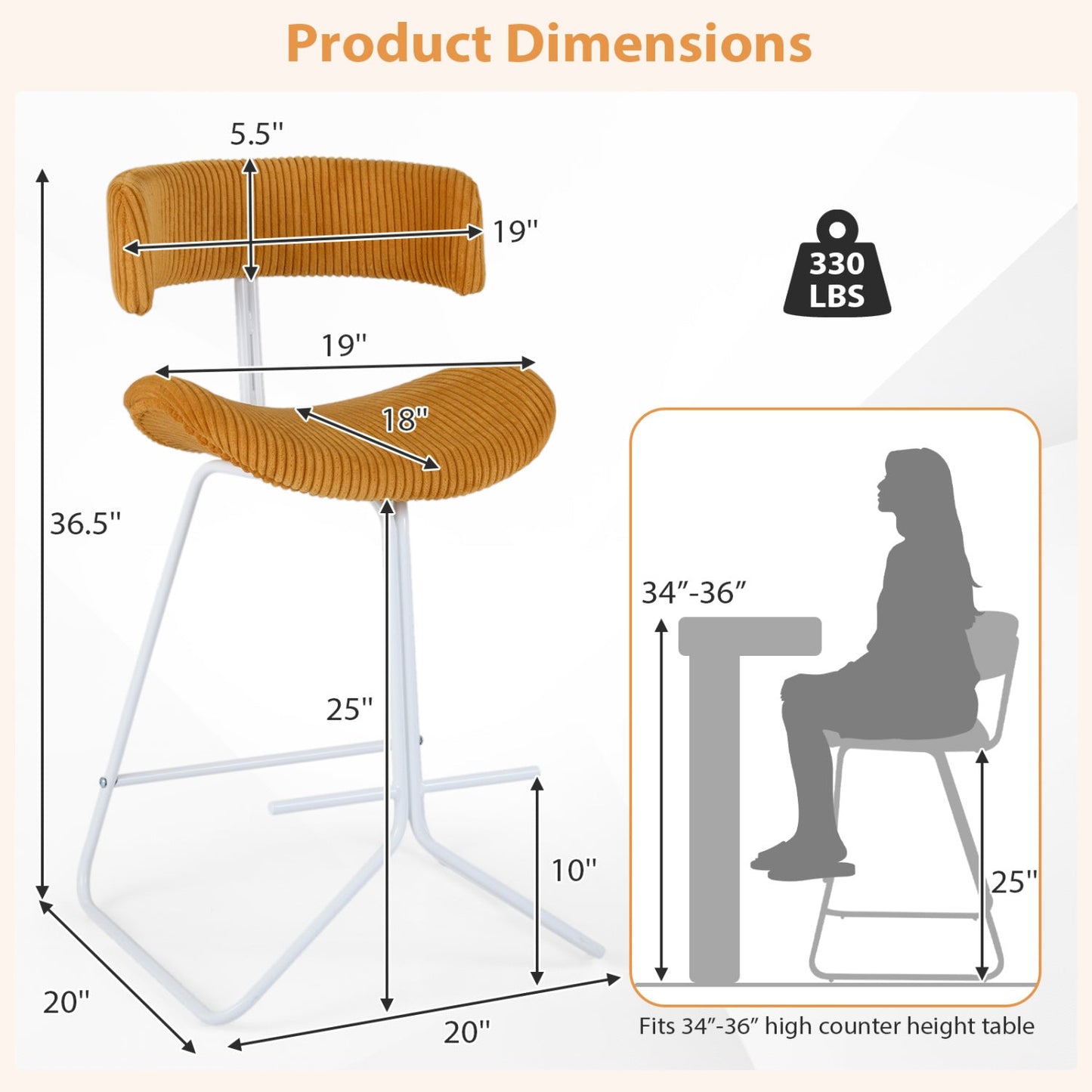 Set of 2 Counter Height Stools 25 Inch Armless Barstools with Padded Seat and Footrest
