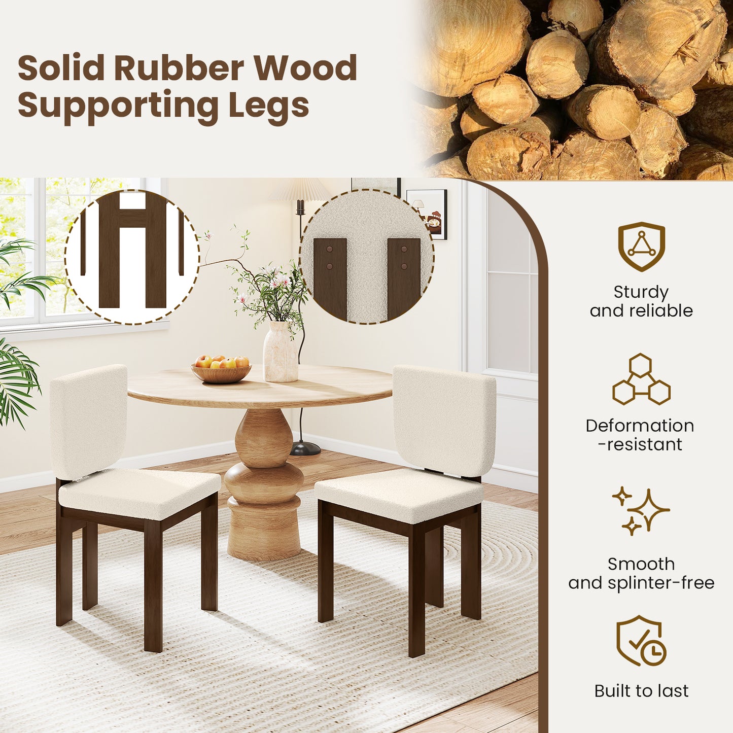 Sherpa Upholstered Dining Chairs Set of 2 with Rubber Wood Legs
