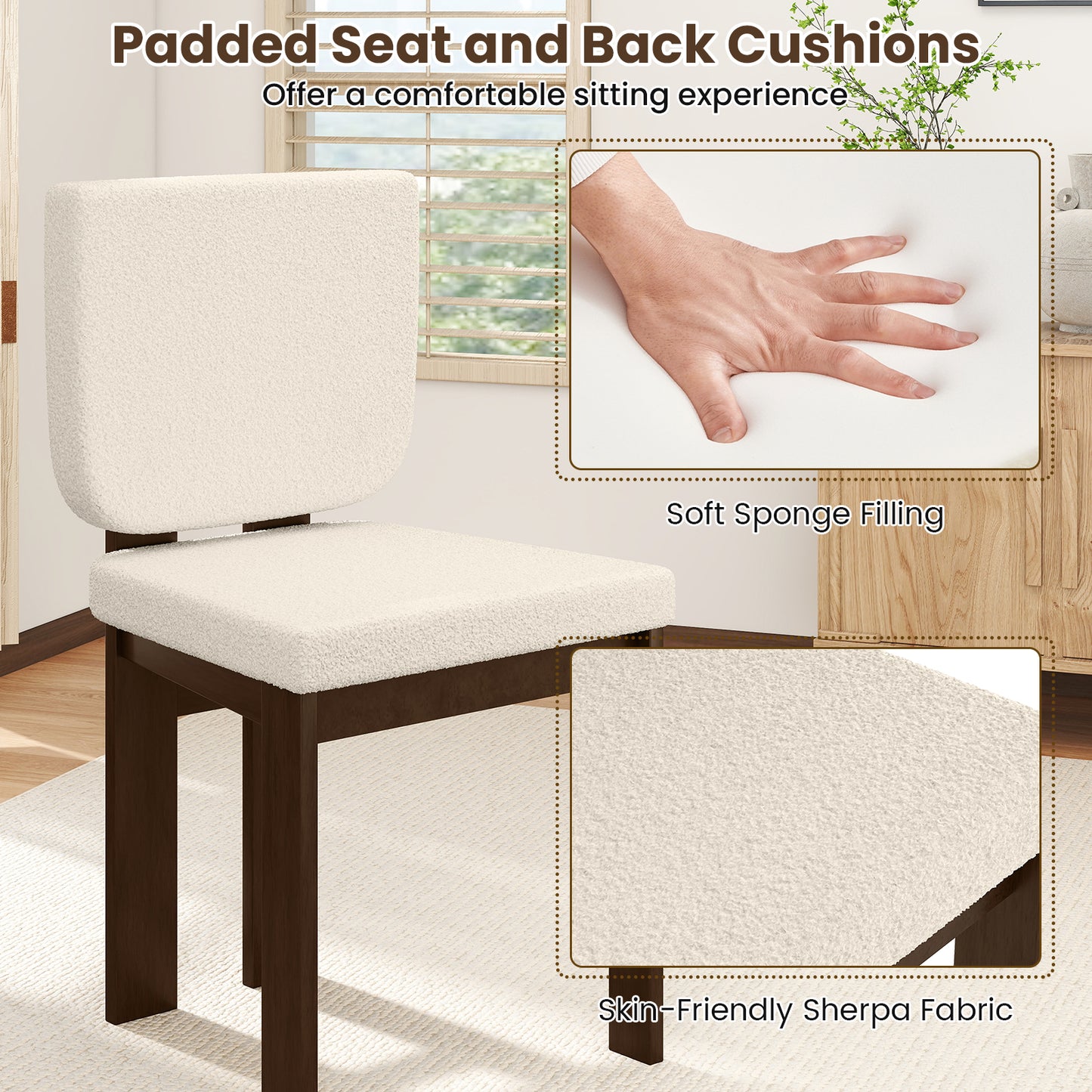 Sherpa Upholstered Dining Chairs Set of 2 with Rubber Wood Legs