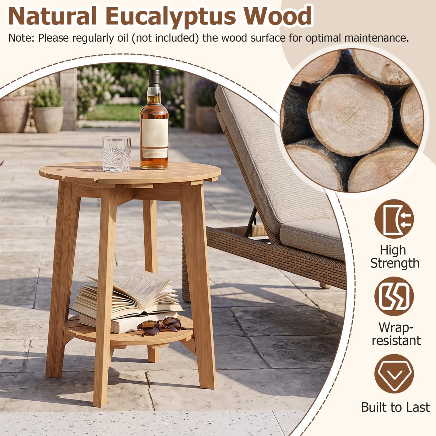 Eucalyptus Wood Side Table Set of 2 with Storage Shelf