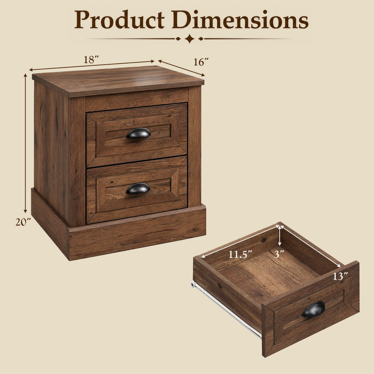 Farmhouse Nightstand Set of 2 with Drawers - Brown