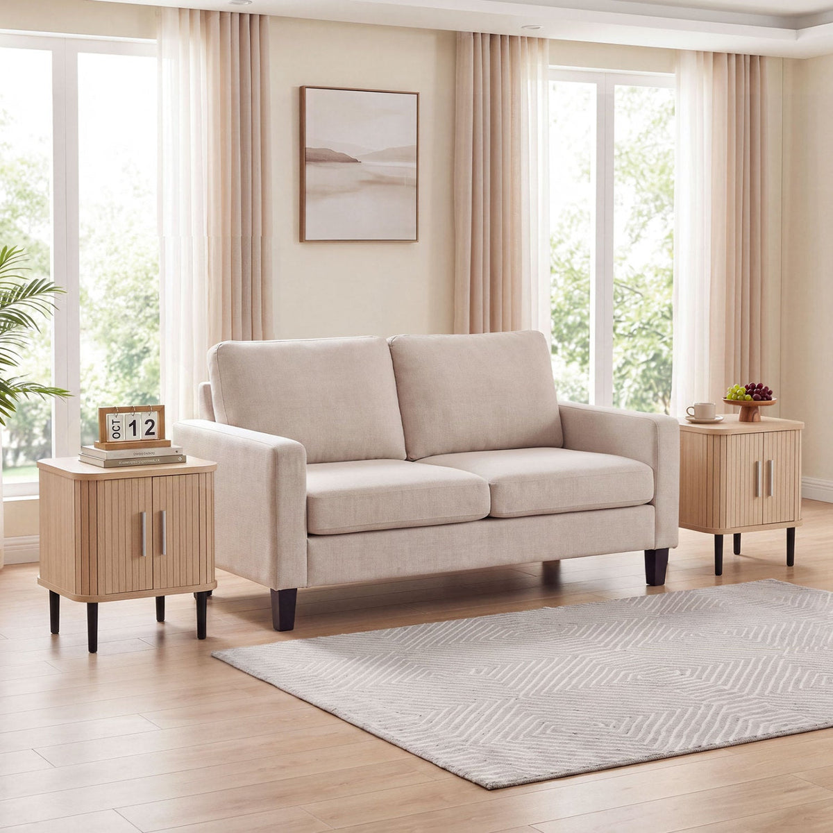 Fluted Nightstand Set with Sliding Doors and Adjustable Shelf