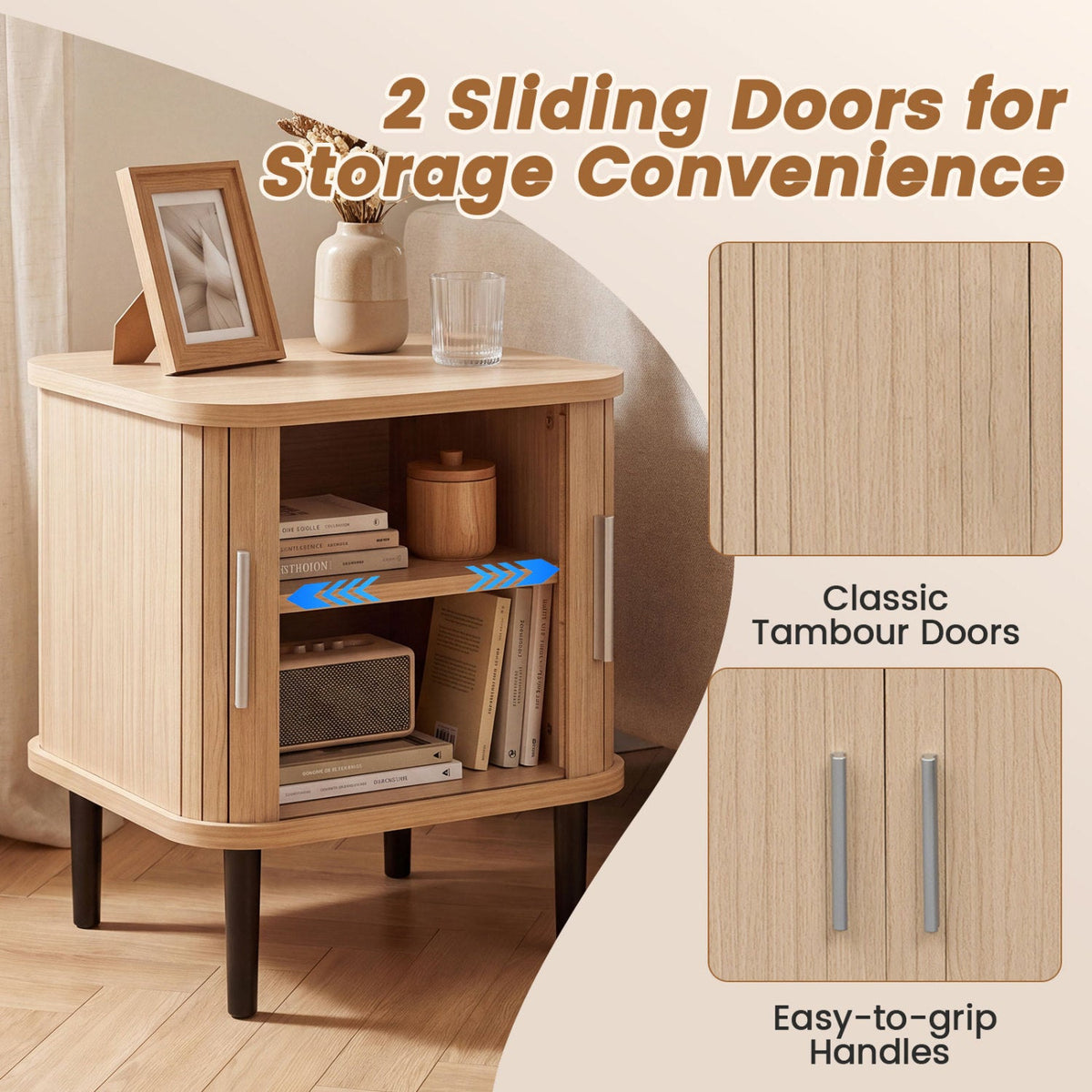 Fluted Nightstand Set with Sliding Doors and Adjustable Shelf
