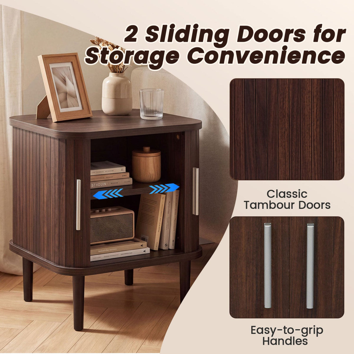 Fluted Nightstand Set with Sliding Doors and Adjustable Shelf