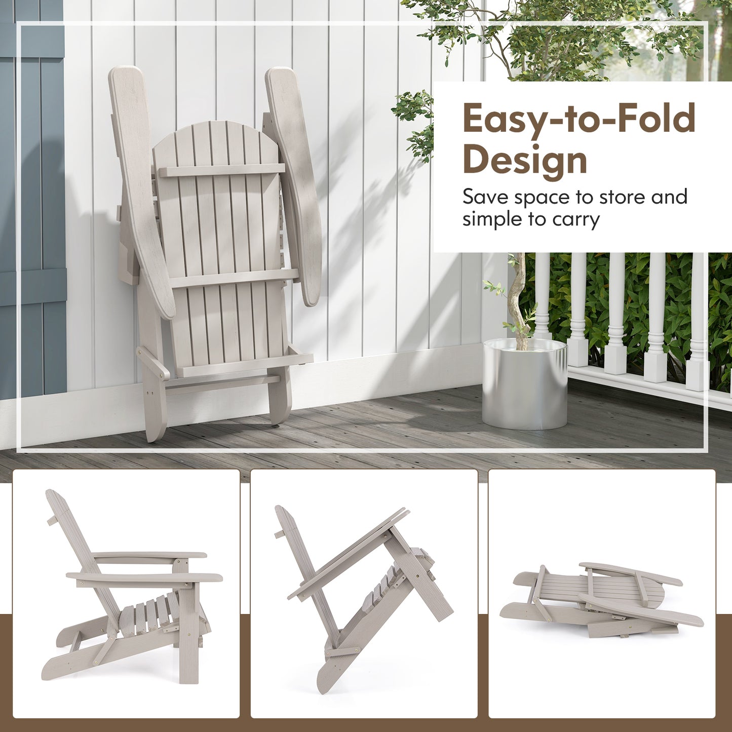 Folding Adirondack Chair with High Backrest - Gray