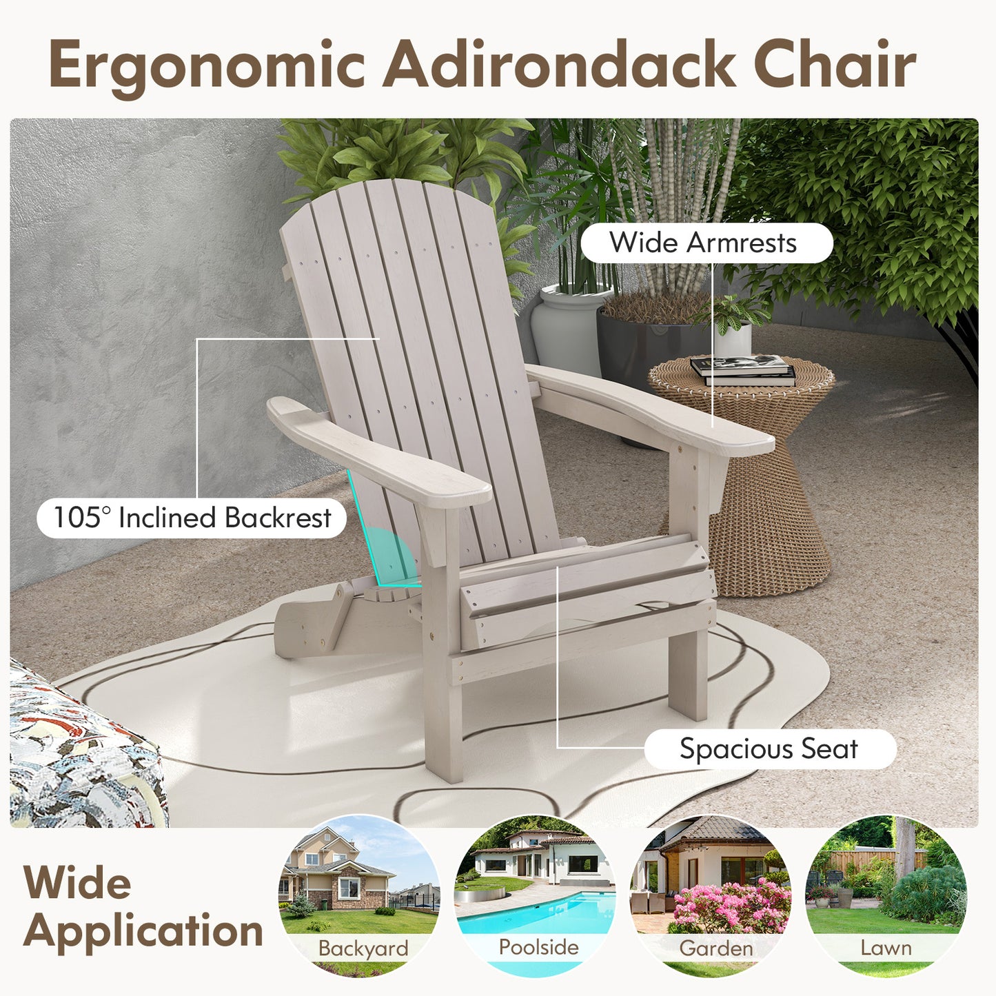 Folding Adirondack Chair with High Backrest - Gray