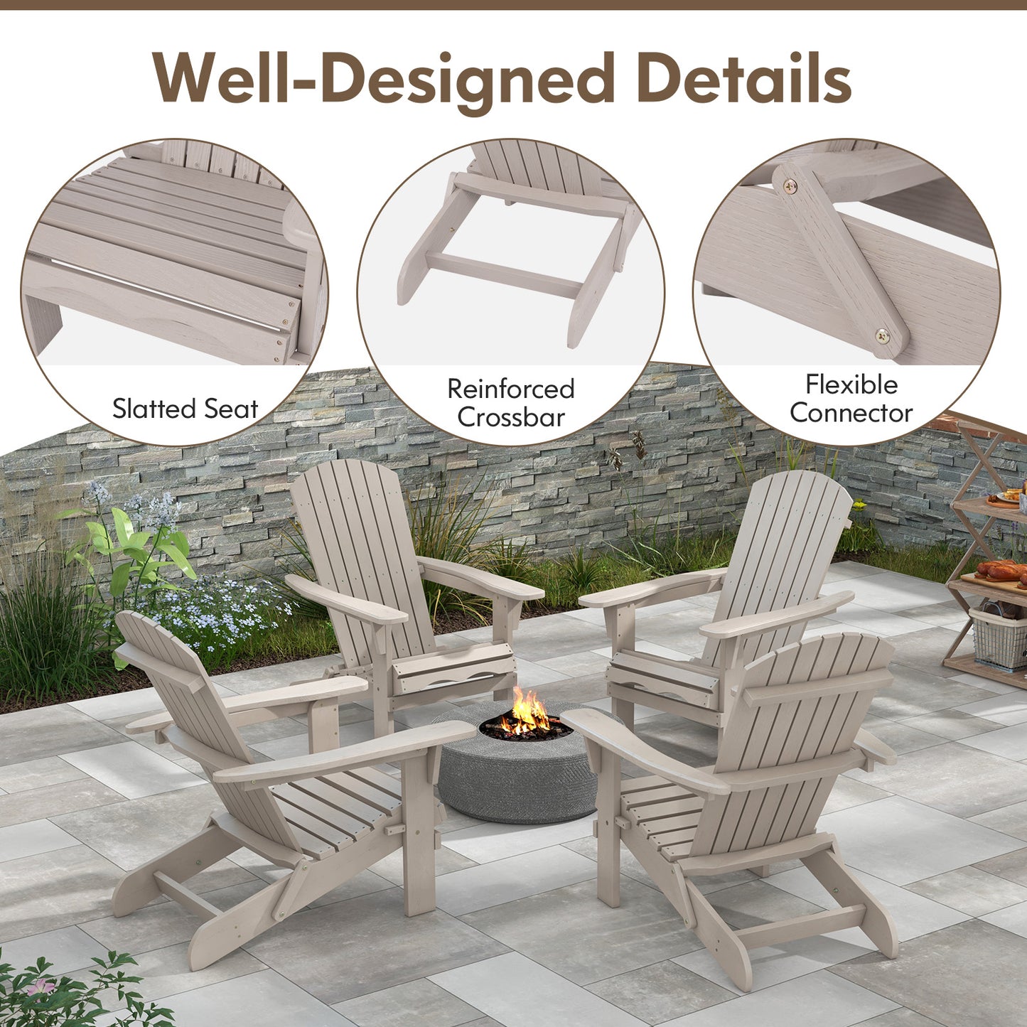 Folding Adirondack Chair with High Backrest - Gray