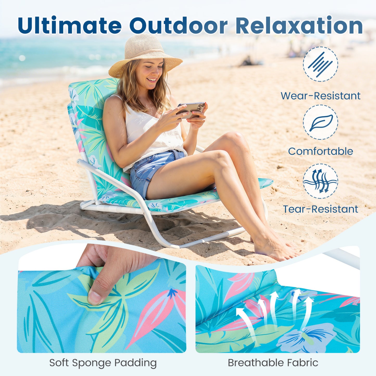 Folding Beach Chairs Set of 2 with Padded Seat