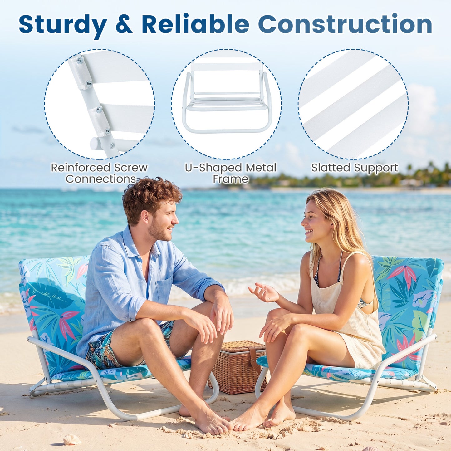 Folding Beach Chairs Set of 2 with Padded Seat