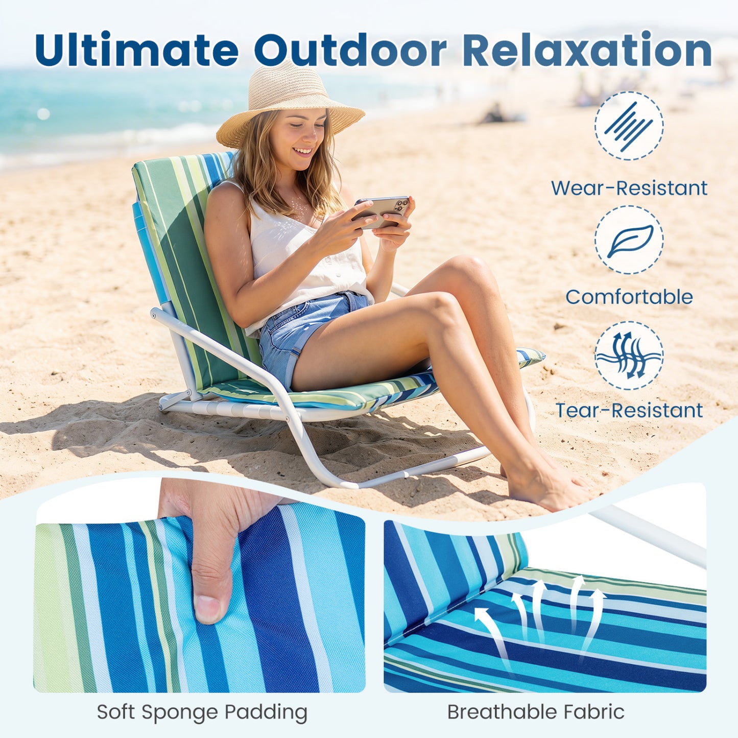 Folding Beach Chairs Set of 2 with Padded Seat
