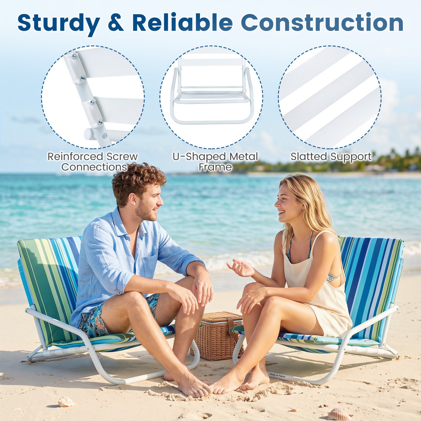 Folding Beach Chairs Set of 2 with Padded Seat