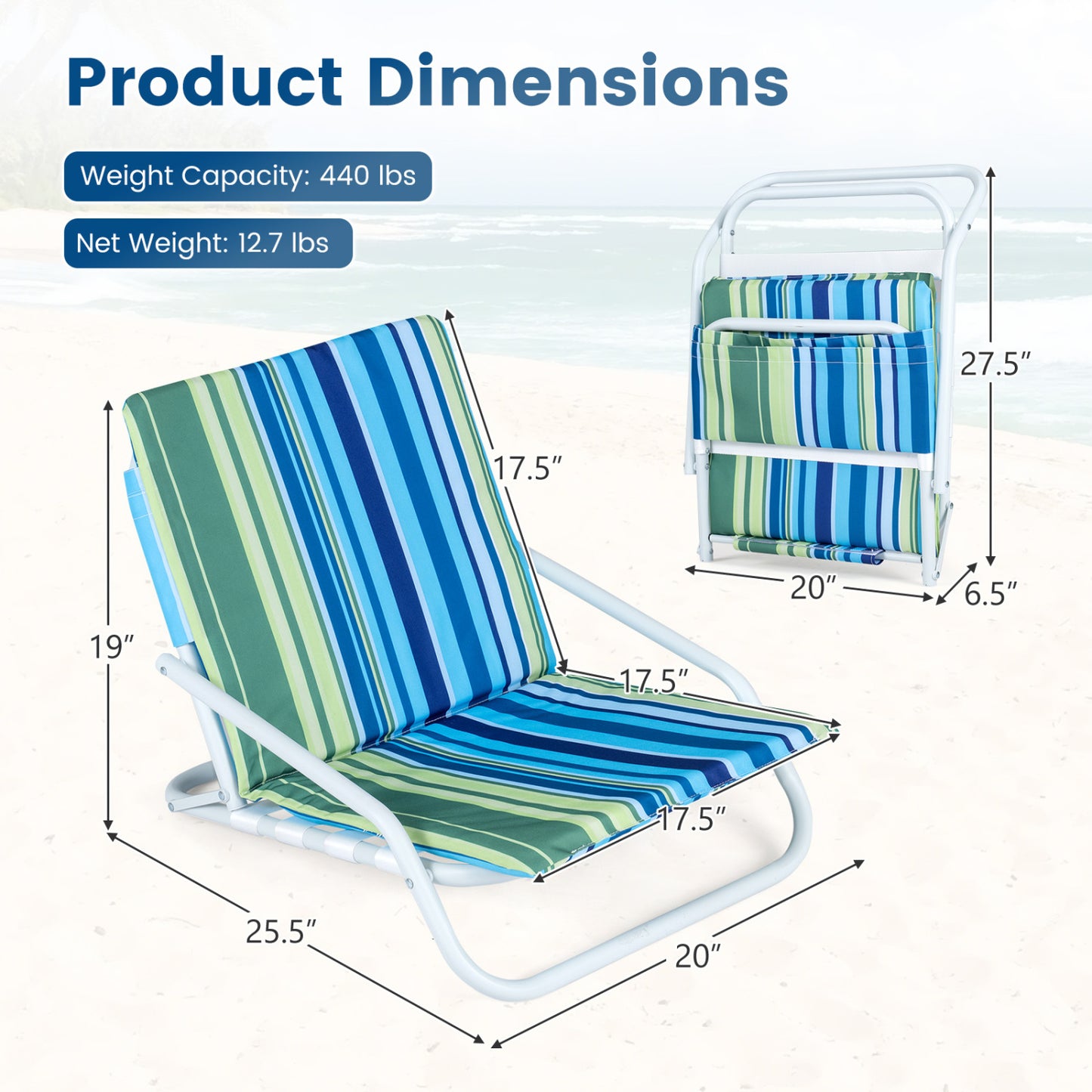 Folding Beach Chairs Set of 2 with Padded Seat