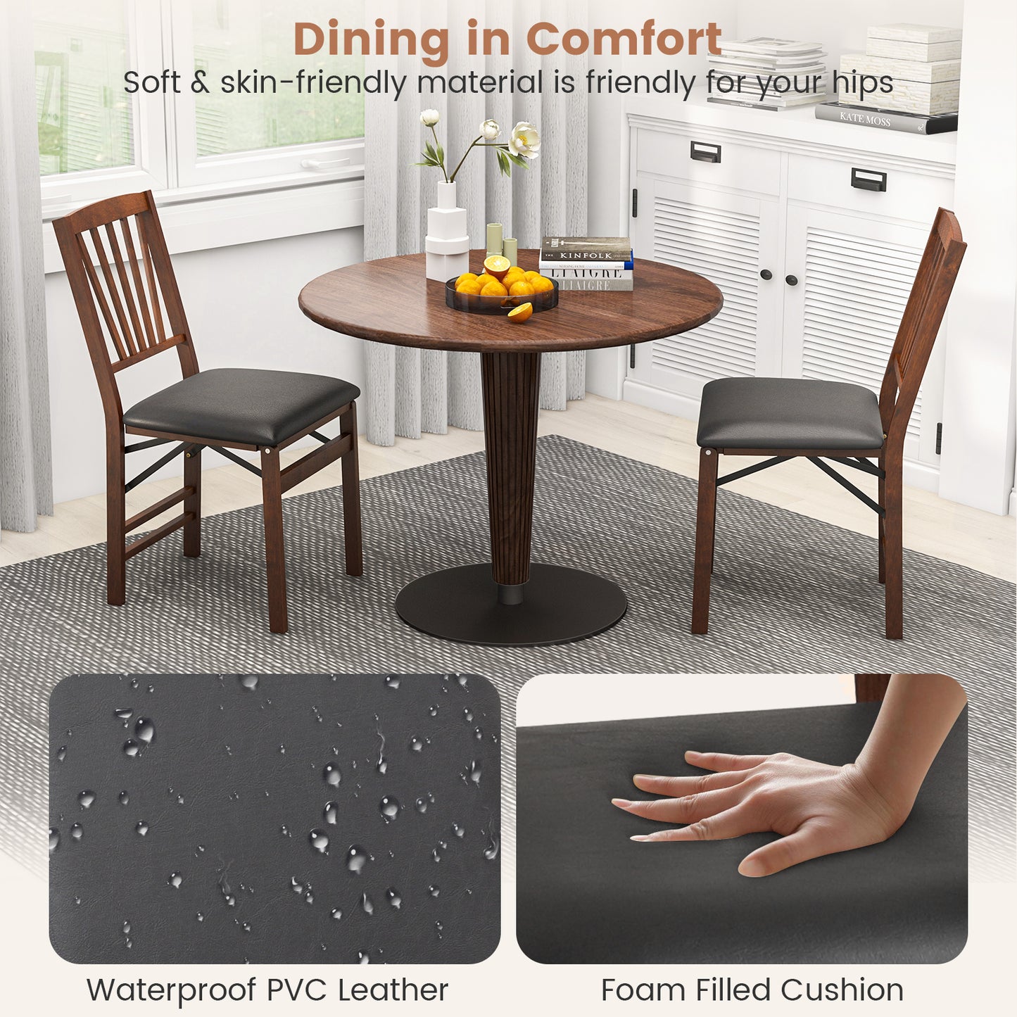 Folding Dining Chairs Set of 2 with Padded Seat
