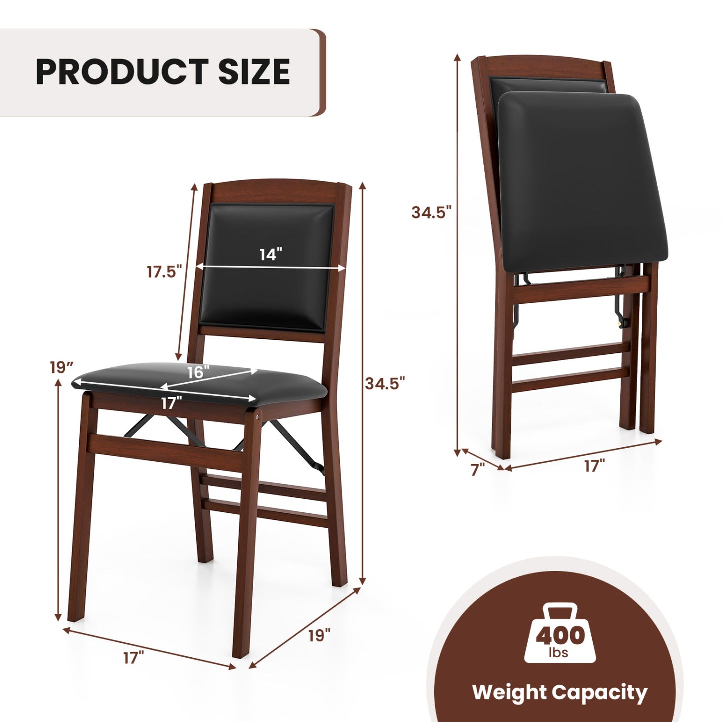 Folding Dining Chairs Set of 2 with Padded Seat