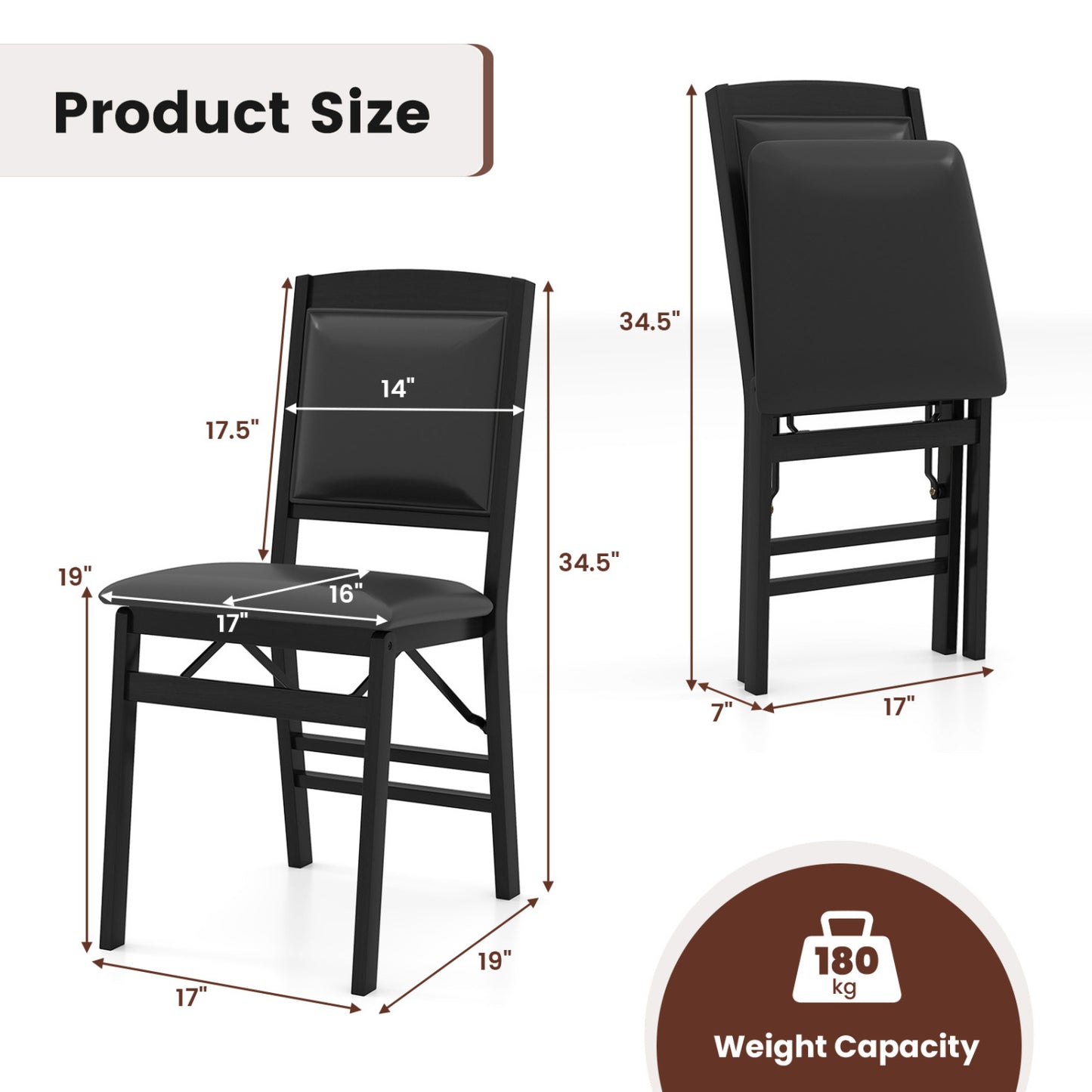 Folding Dining Chairs Set of 2 with Padded Seat