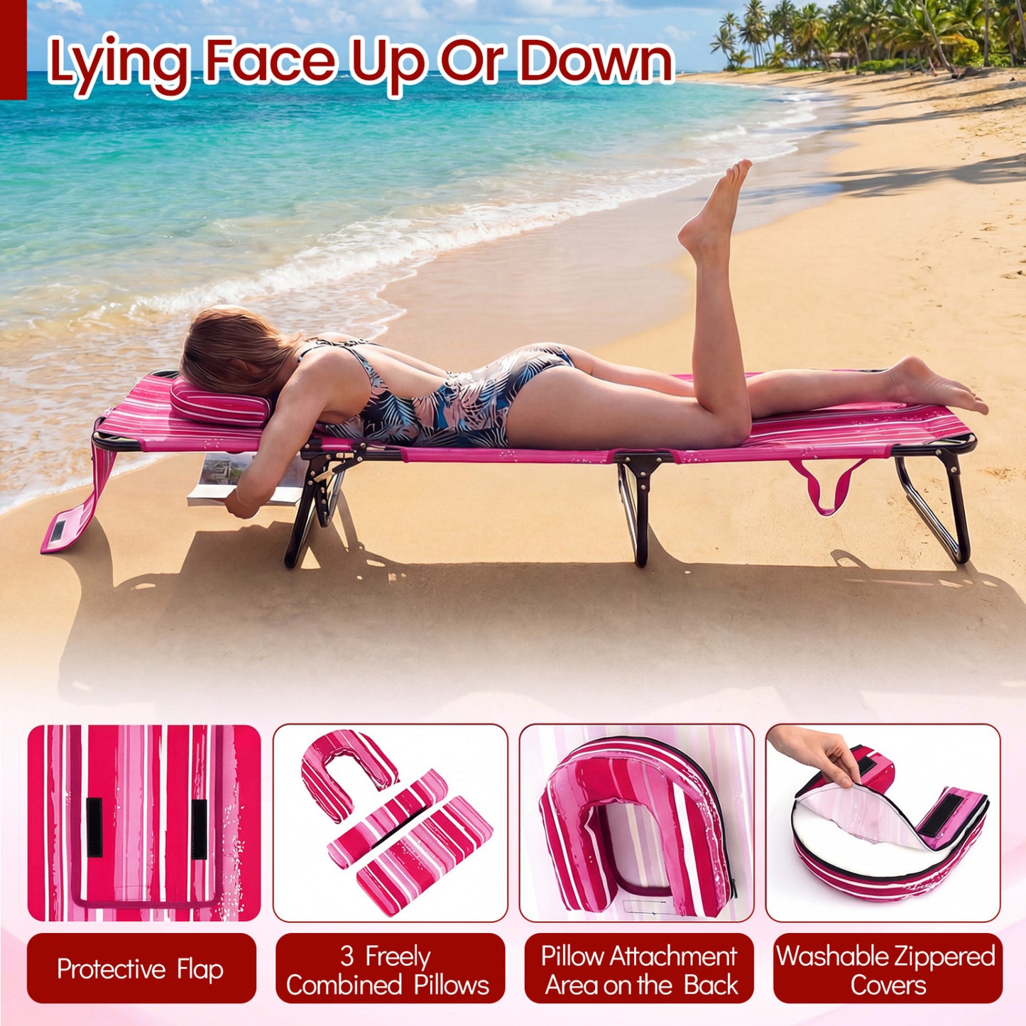 Folding Tanning Chair with Face Hole & 3 Pillows - Set of 2