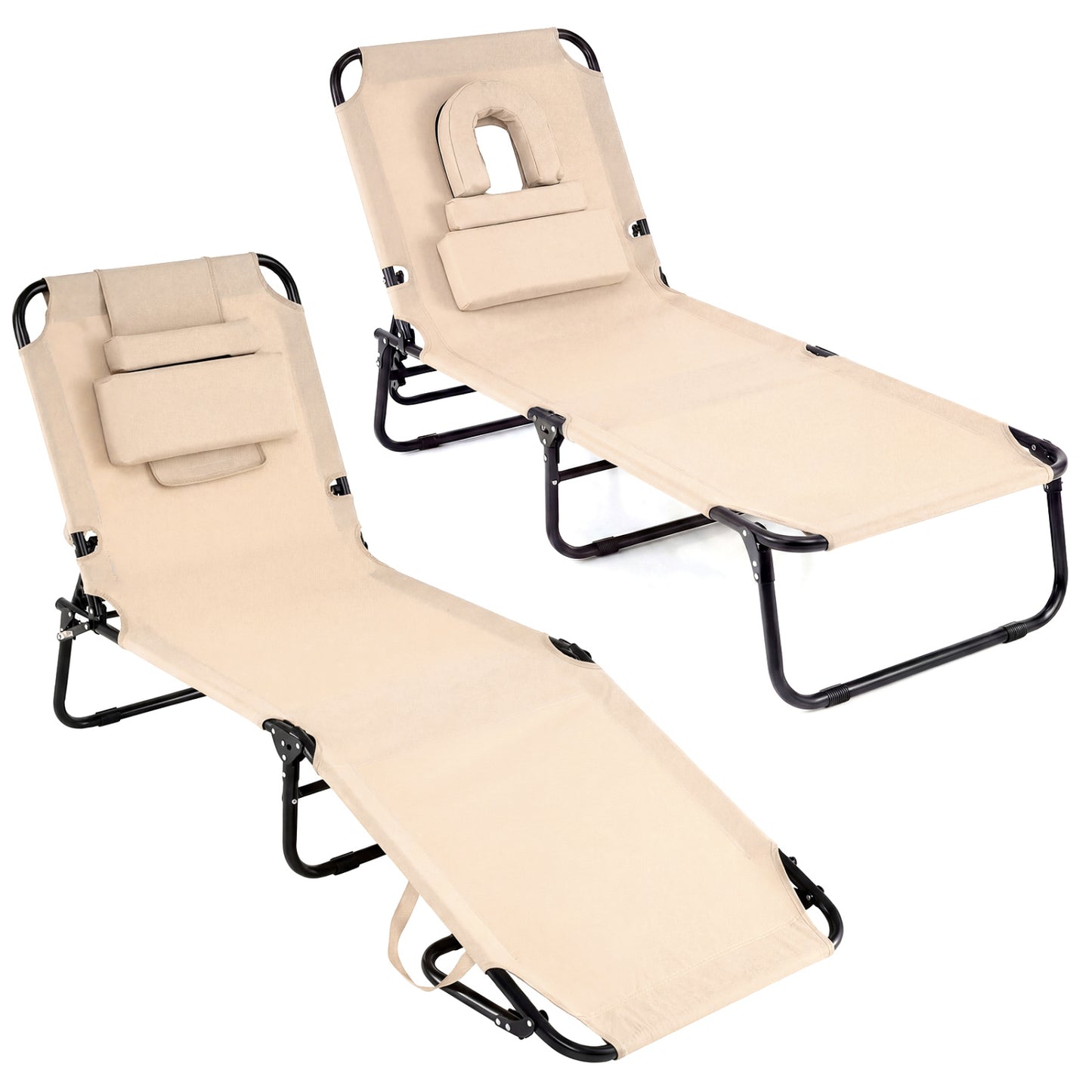 Folding Tanning Chair with Face Hole & 3 Pillows - Set of 2