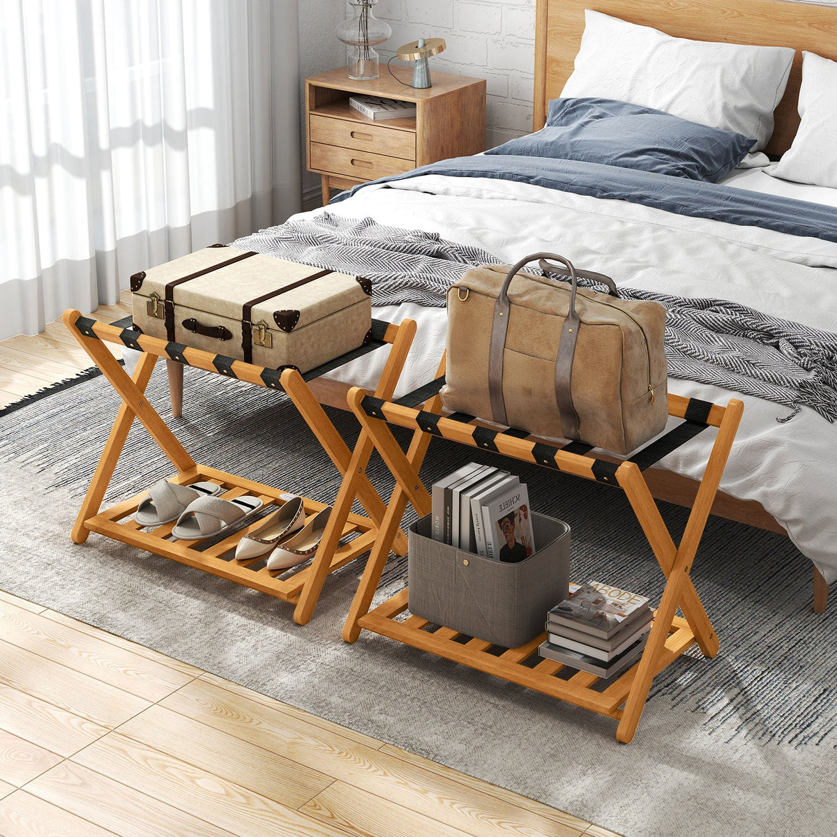 Set of 2 Folding Luggage Racks with 5 Nylon Straps and Slatted Storage Shelf