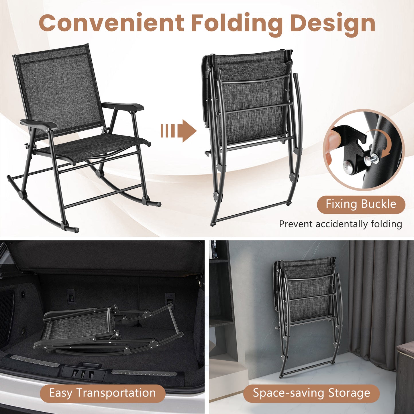Folding Rocking Chair Set of 2 with Breathable Fabric