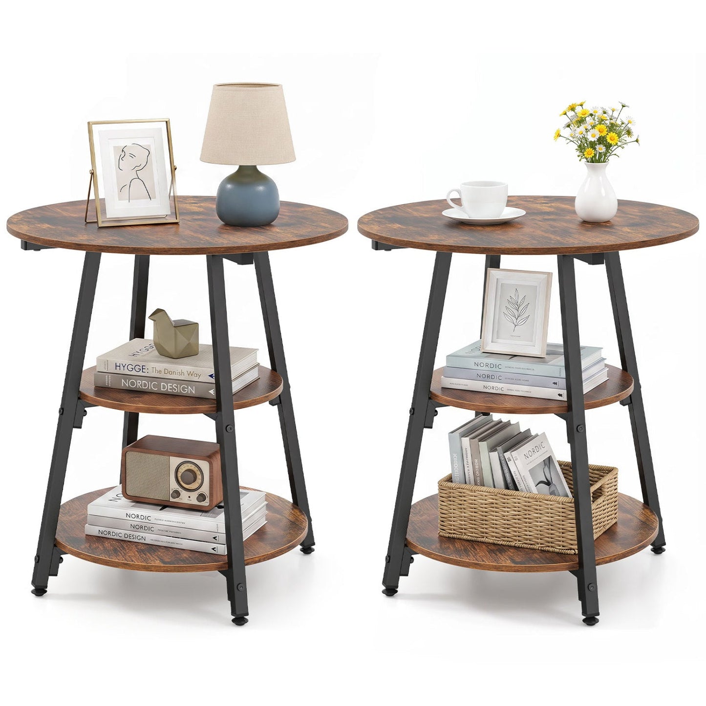 Industrial Side Tables Set of 2 with 3-Tier Shelves