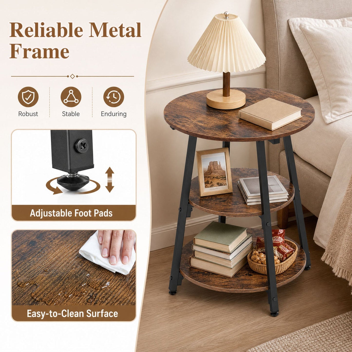 Industrial Side Tables Set of 2 with 3-Tier Shelves