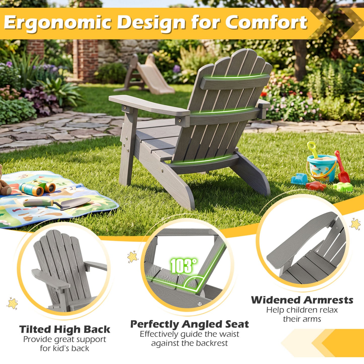 Kids Adirondack Chairs Set of 2 with High Backrest