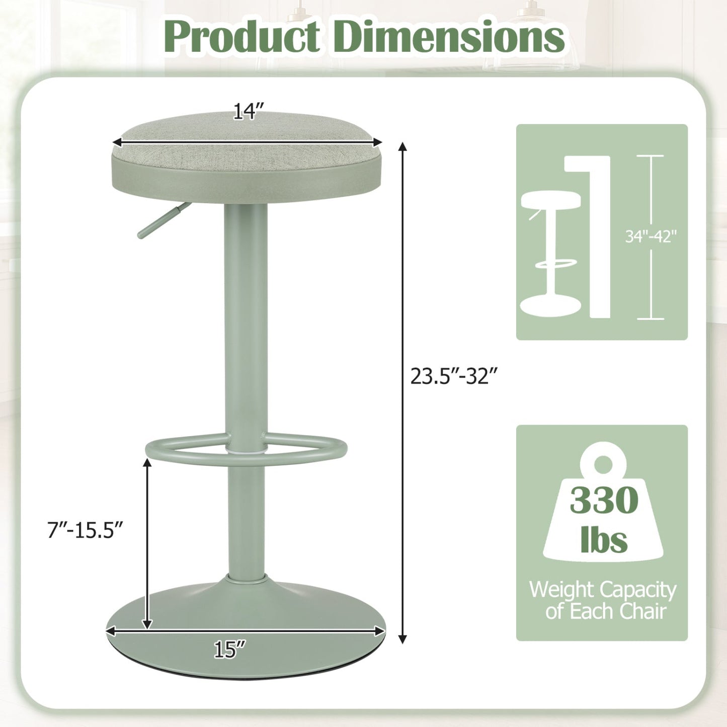 Adjustable Bar Stools Set of 2 with Padded Seat