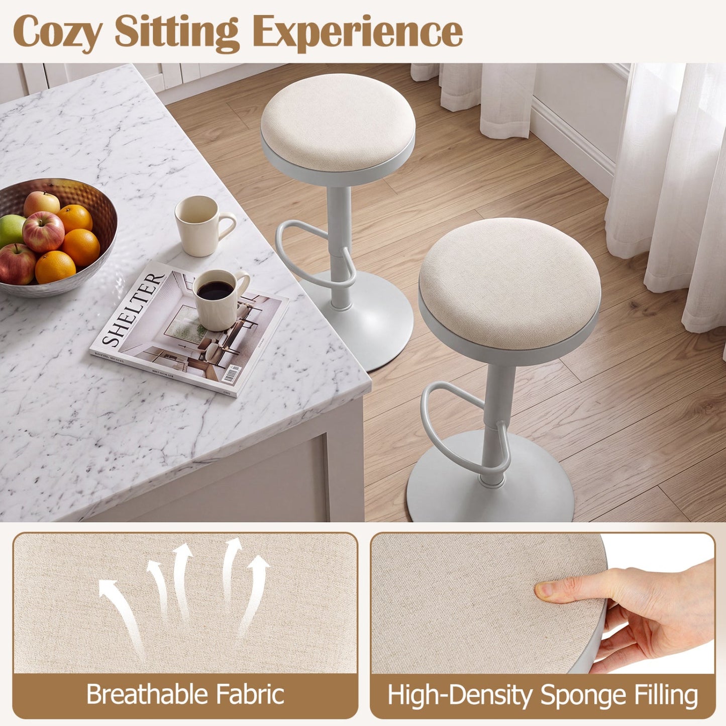 Adjustable Bar Stools Set of 2 with Padded Seat