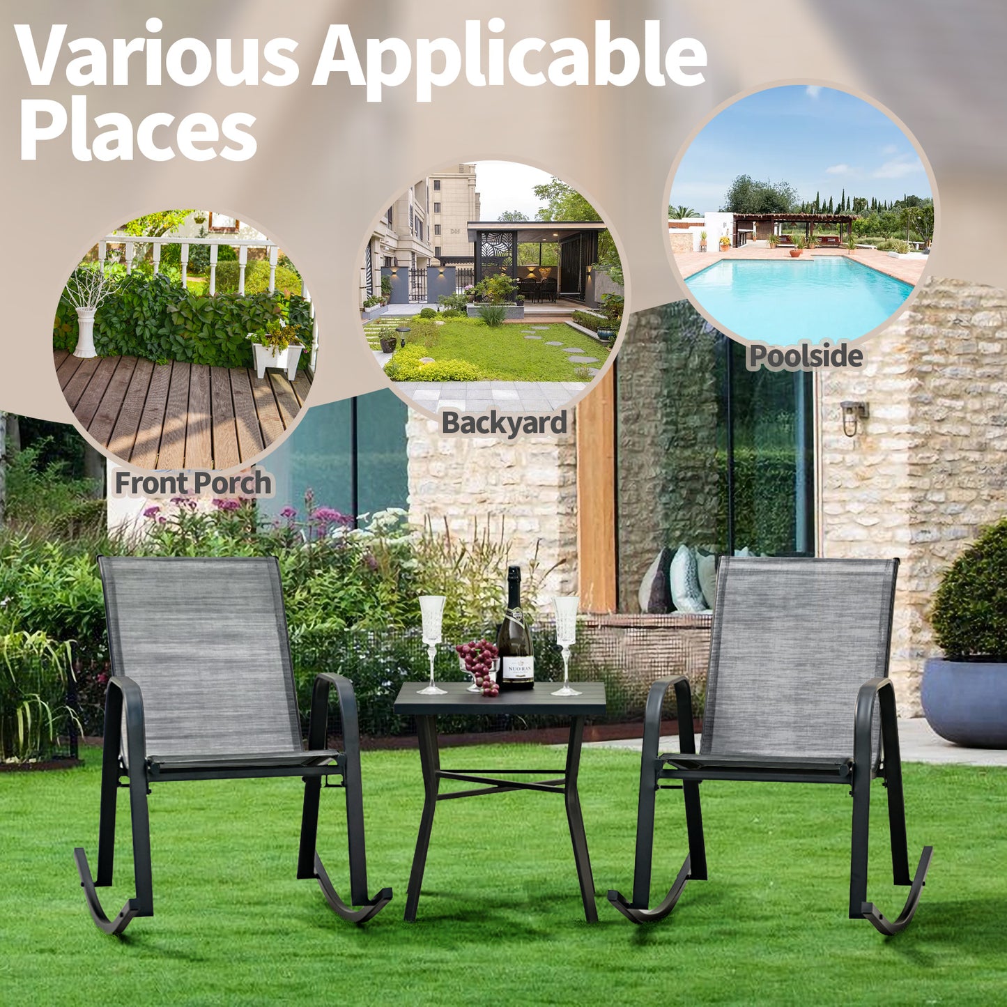 Metal Patio Rocking Chairs Set of 2 with Breathable Fabric