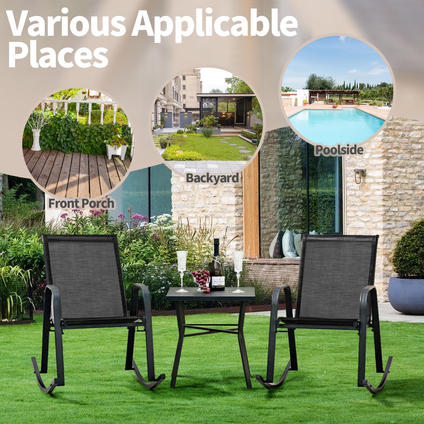 Metal Patio Rocking Chairs Set of 2 with Breathable Fabric