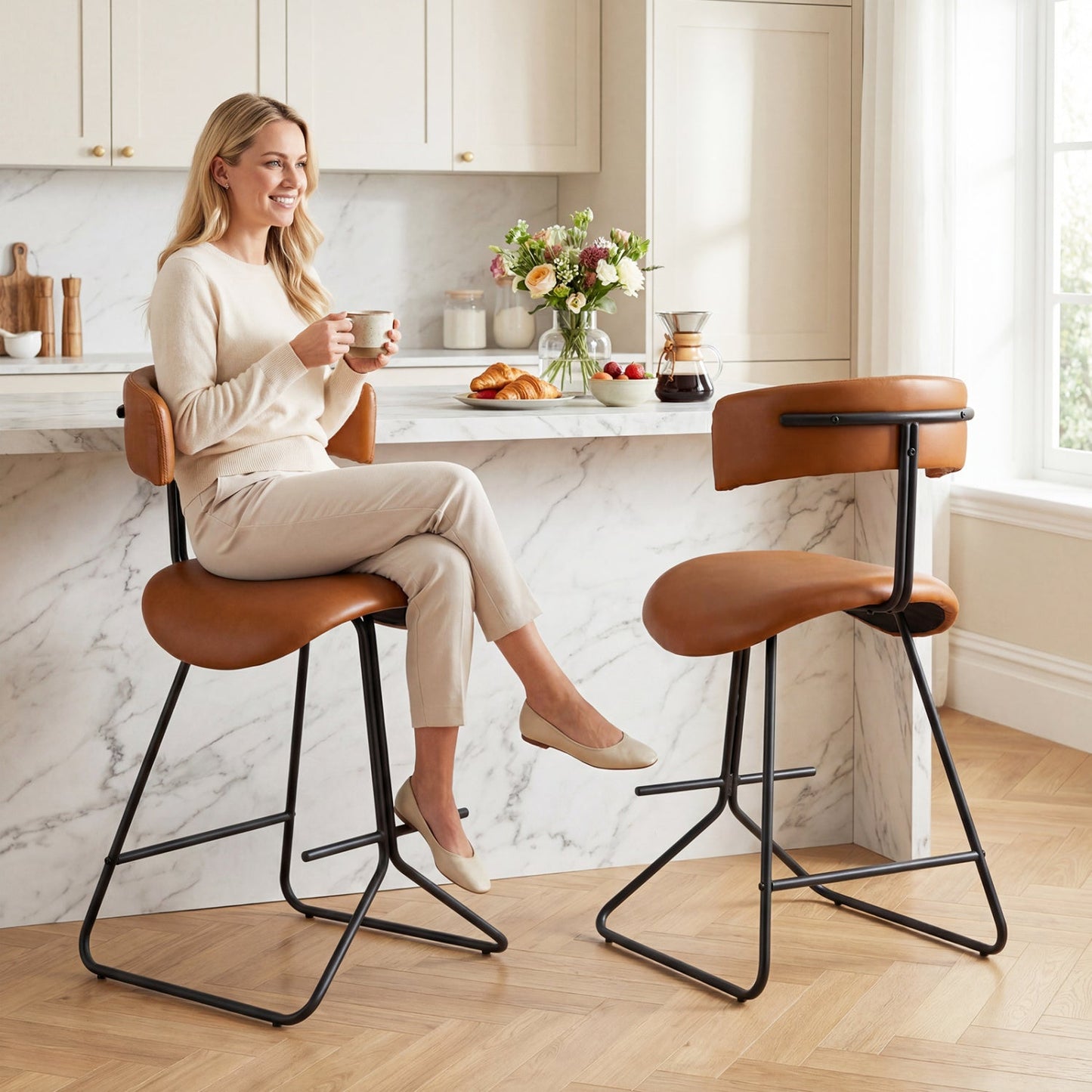 Set of 2 Modern Counter Height Stools 25 Inch Faux Leather Upholstered