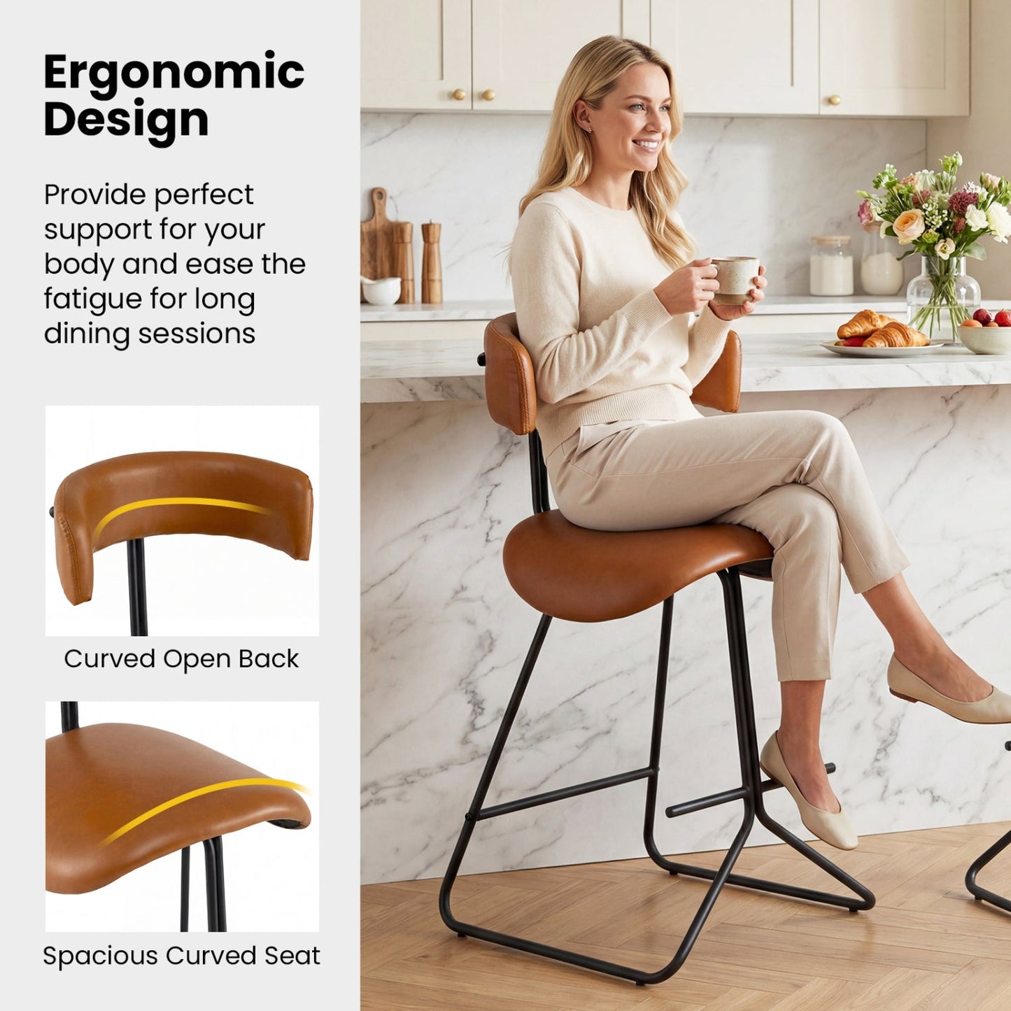 Set of 2 Modern Counter Height Stools 25 Inch Faux Leather Upholstered