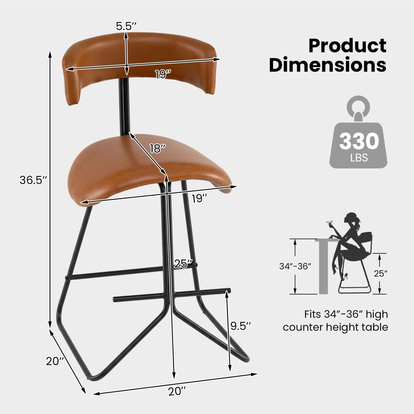 Set of 2 Modern Counter Height Stools 25 Inch Faux Leather Upholstered