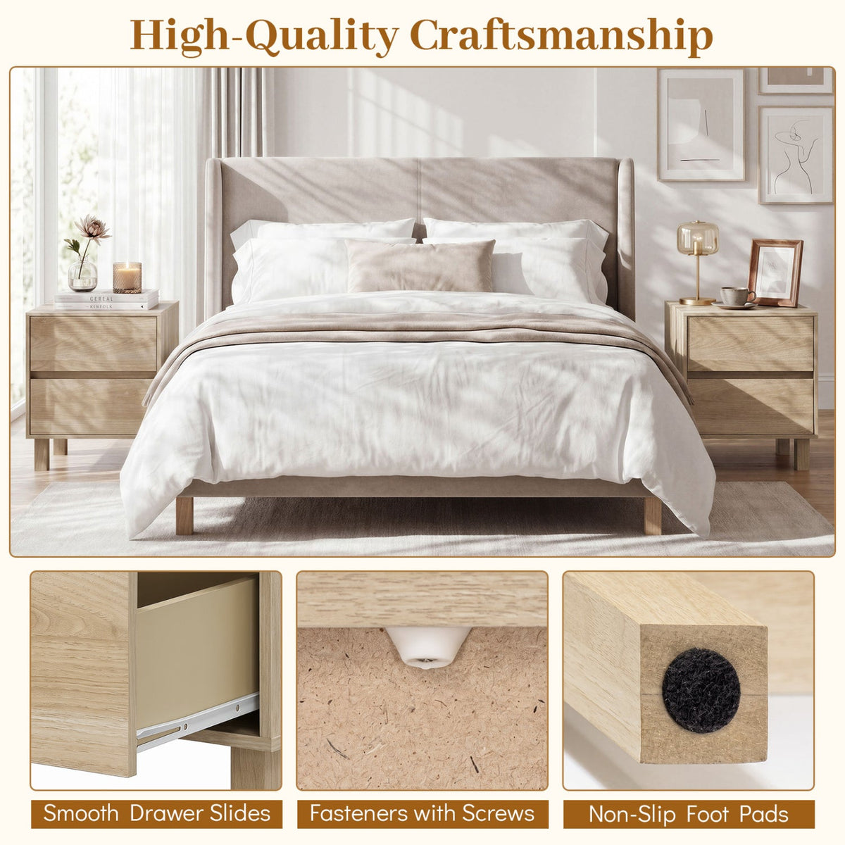 Wooden End Tables Set of 2 with Storage Drawers