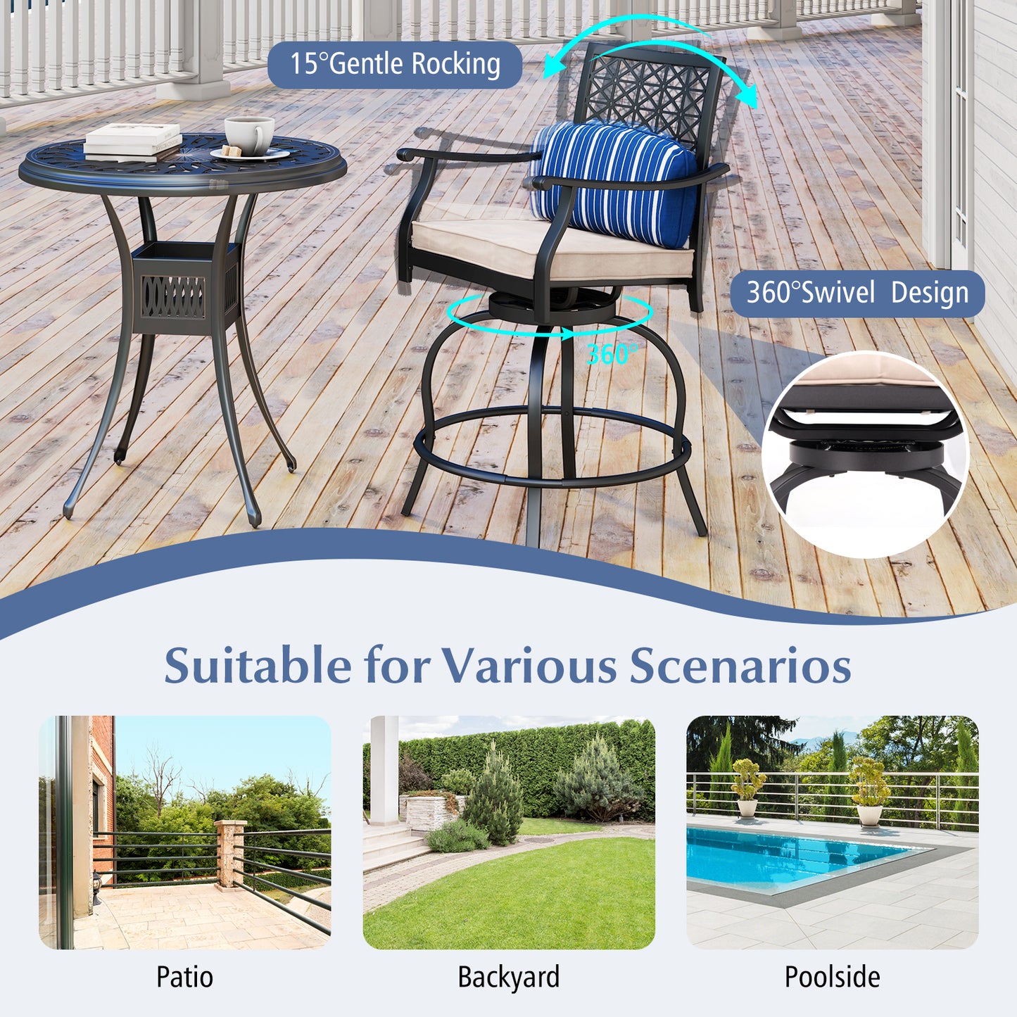 Outdoor Swivel Bar Height Chairs Set of 2 with Cushions