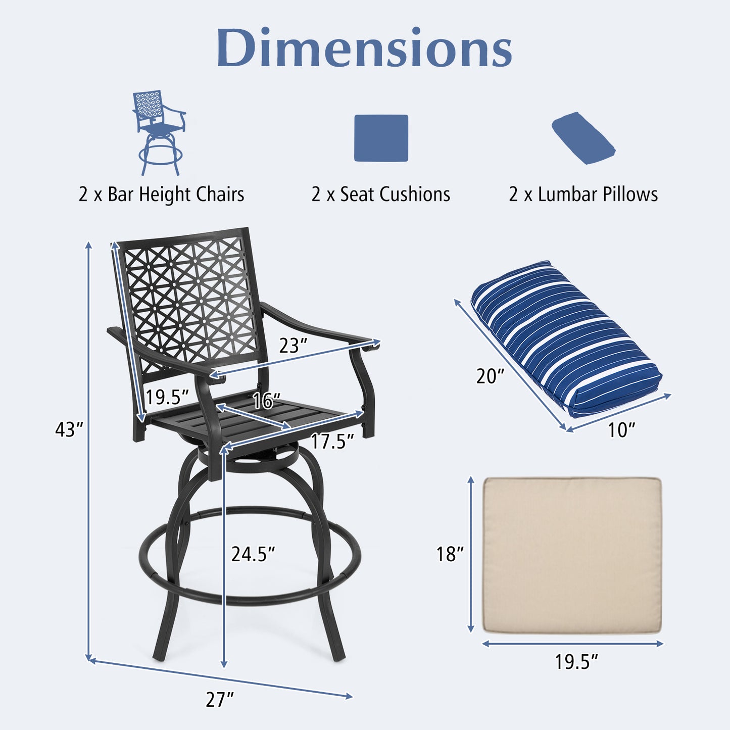 Outdoor Swivel Bar Height Chairs Set of 2 with Cushions