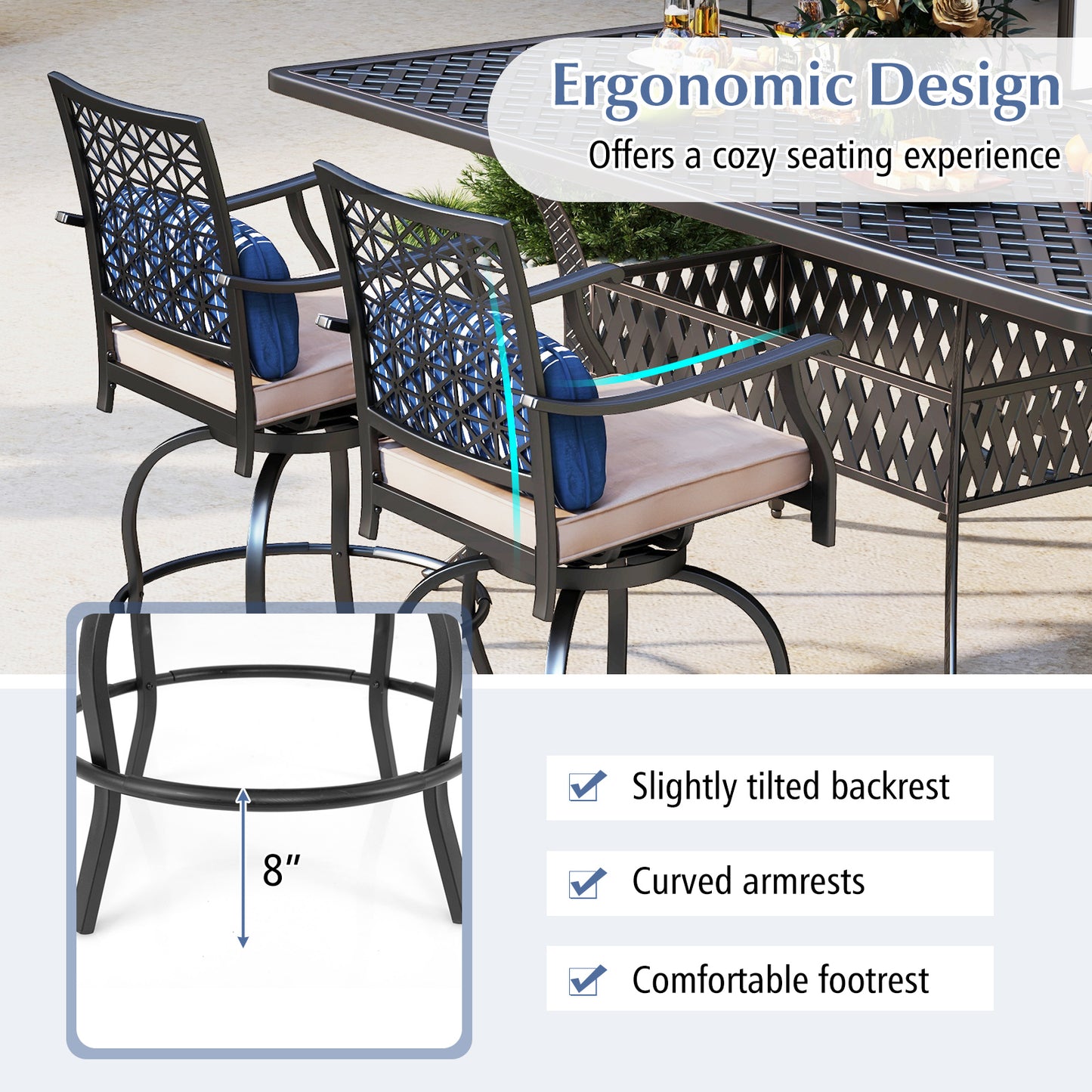Outdoor Swivel Bar Height Chairs Set of 2 with Cushions