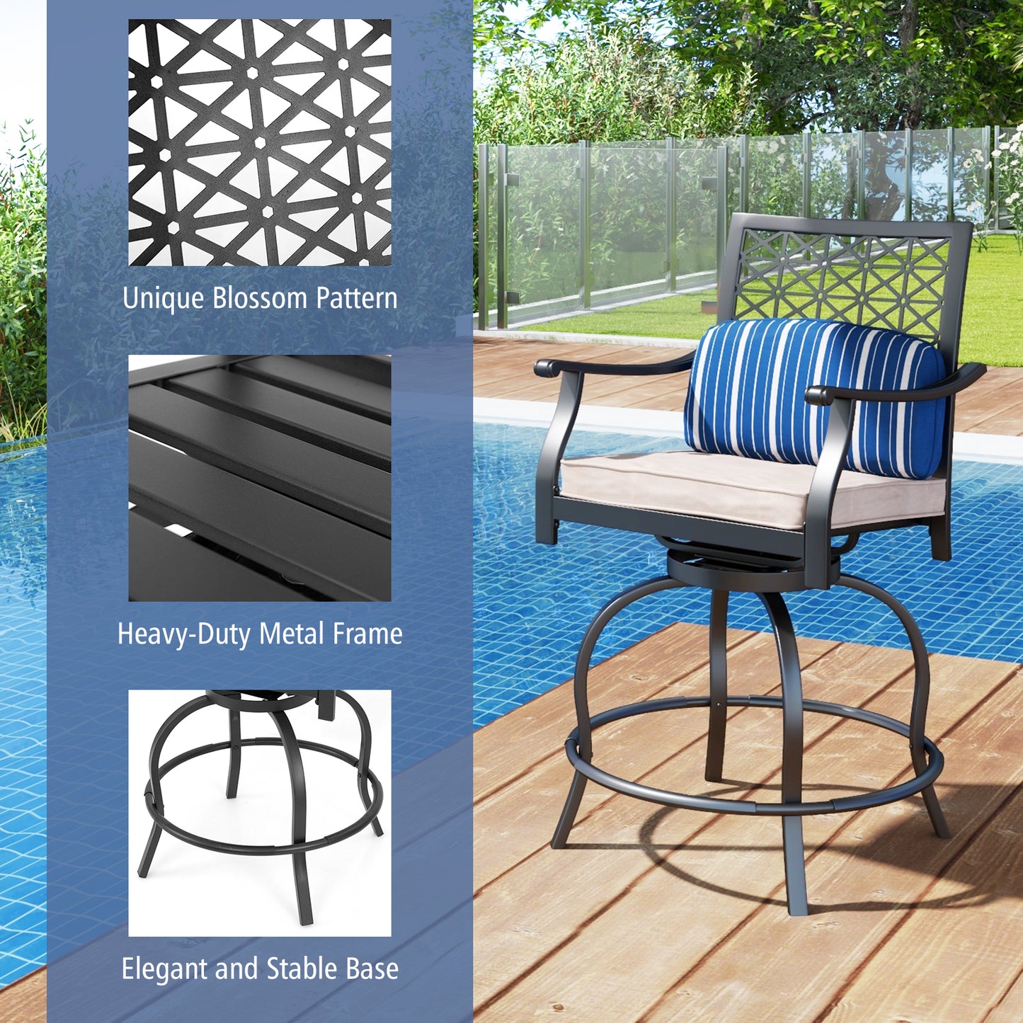Outdoor Swivel Bar Height Chairs Set of 2 with Cushions